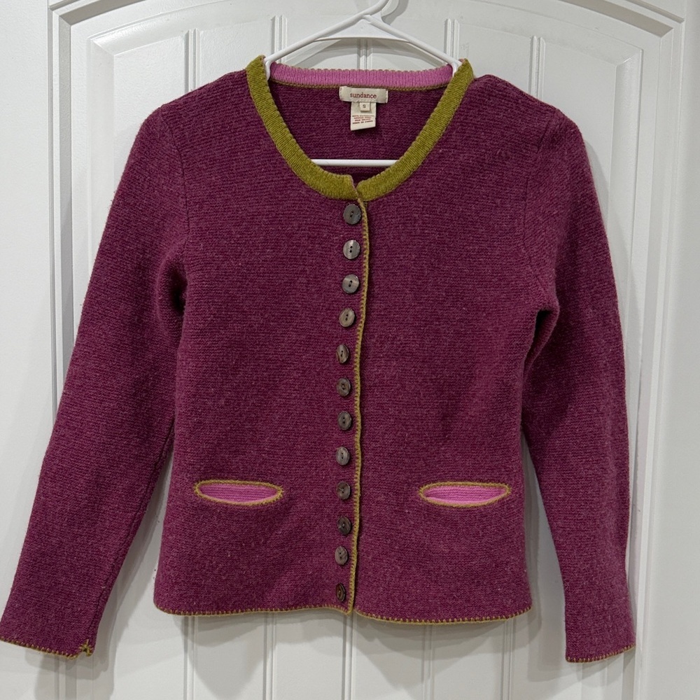 EUC Sundance Wool Purple Tulla Cardigan with Green Trim